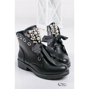 Černé šněrovací boty s perlami Dalida