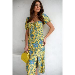 Modro-žluté květované šaty s rozparkem 0596