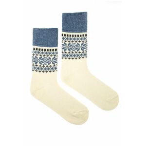 Béžové vlněné ponožky s modro-černým vzorem Vlnáč Dvouvločka