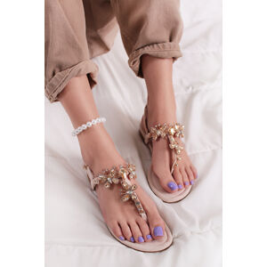 Béžové nízké sandály s ozdobnými kamínky Melanie