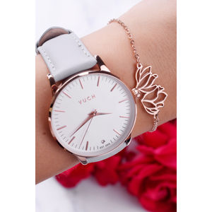 Světle šedo-růžovozlaté hodinky s koženým řemínkem Spirity