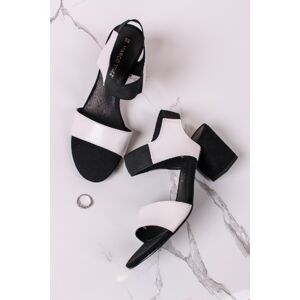 Černo-bílé kožené sandály na hrubém podpatku 2-28353