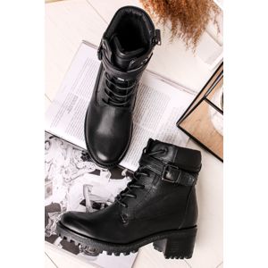 Černé kožené kotníkové boty na hrubém podpatku 67401