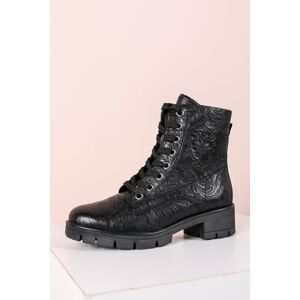 Černé kožené květované kotníkové boty 8-25208
